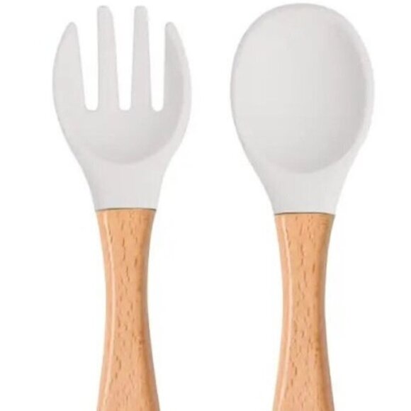 NEW SILICONE WOODEN FORK AND SPOON SET - Picture 1 of 4